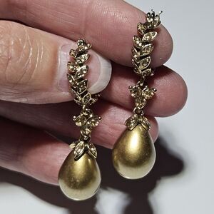 Monet Gold Tone Crystal Leaf Coco Teardrop Faux Pearl Hoop Earrings